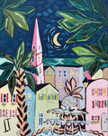 Houses Pattern in Blue: Moonlight and City Sights